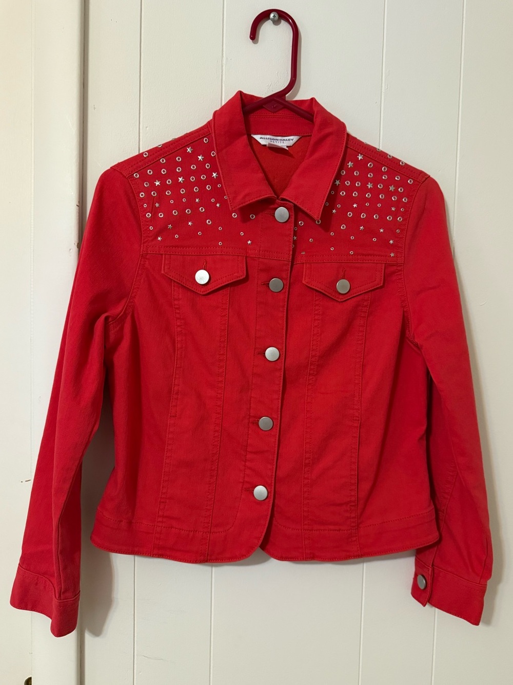 Allison Daley Petite Red Jean Jacket with Silver Stud Accents